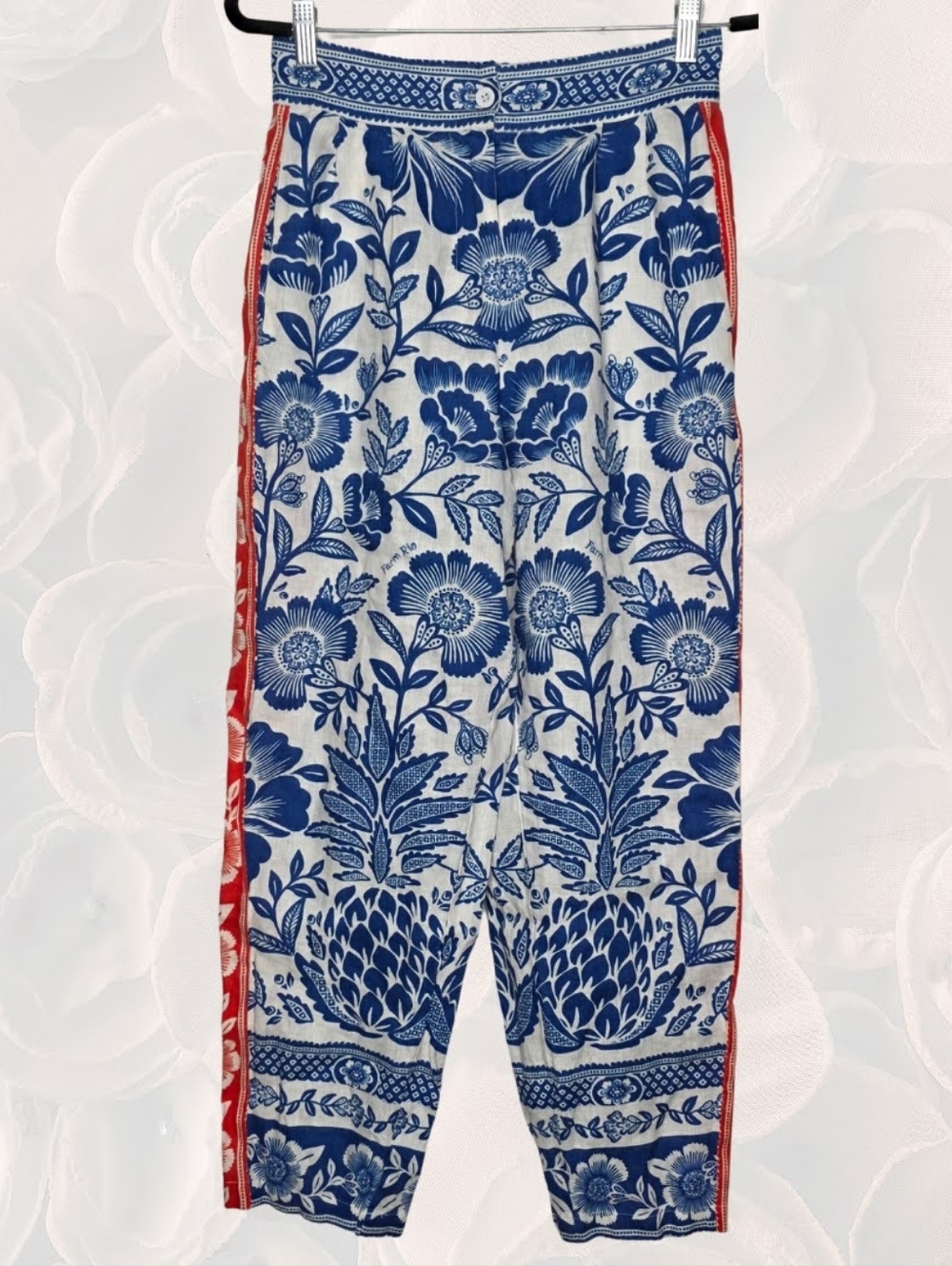 FARM Rio for Anthropologie Blue Floral Pants Red Side Stripe Size S - Picture 4 of 9